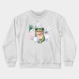 Cute frog in water lily flowers with dragonfly Crewneck Sweatshirt